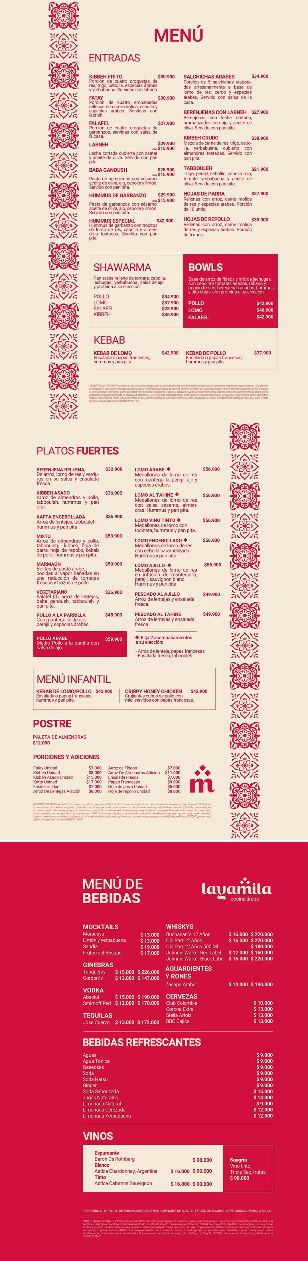 Carta Restaurante LAYAMILA