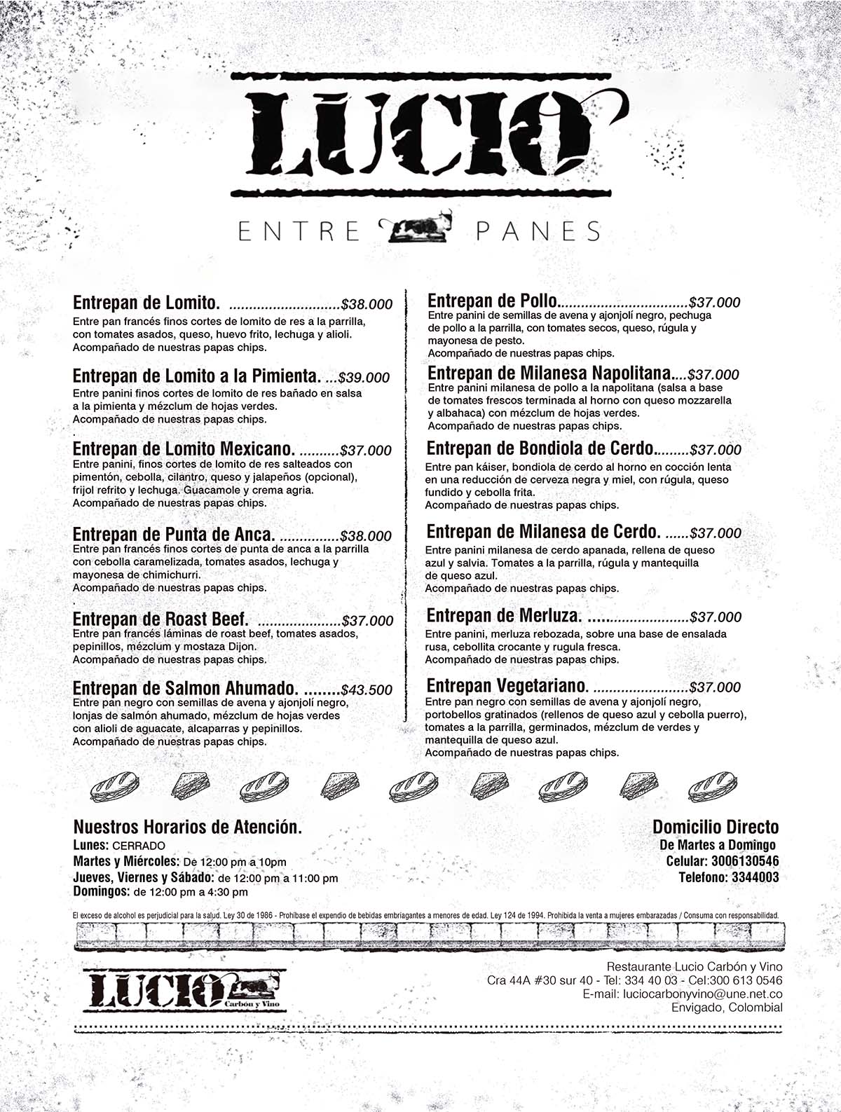 Carta Restaurante Lucio. carbón y vino