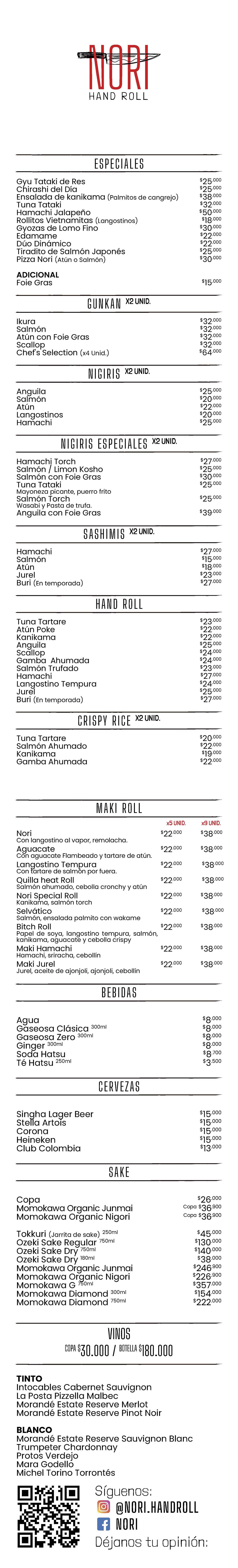 Carta Restaurante Nori Hand Roll