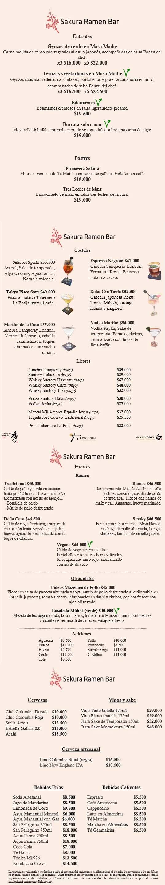 Carta Sekushi Sakura Ramen Bar